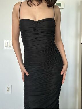 Wilfred Black Ruched Spaghetti-Strap Bodycon Midi Dress